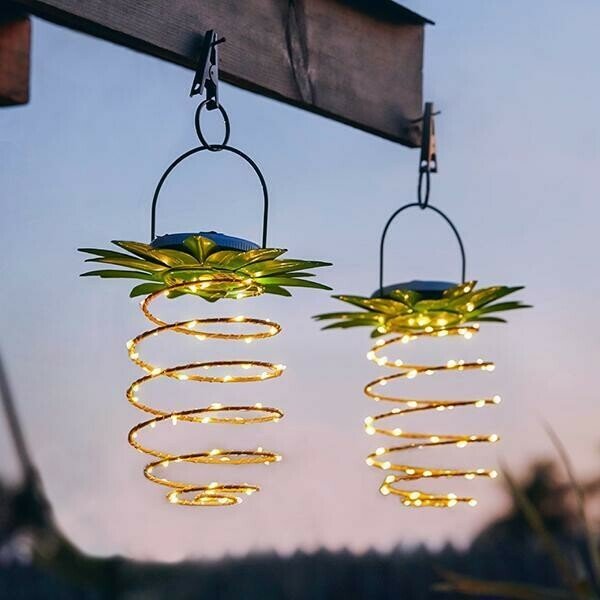 2 Pack 20 LED Solar Pineapple Lamps - Outdoor Hanging Lantern & Wall Sconce | IP65 Waterproof Warm White Fairy Lights
