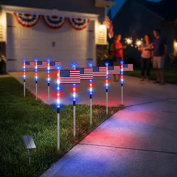 8 Solar American Flag Pathway Lights - Red White & Blue LED Yard Stake Set | IP65 Waterproof 250th Independence Day Outdoor Decor