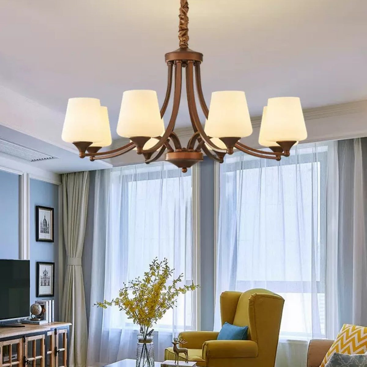 Classic Curved Arm Glass Shade Chandelier – Vintage Bronze Iron & Frosted Glass Pendant Light