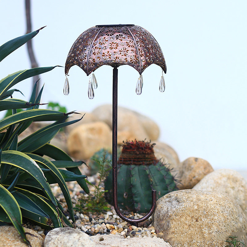 Umbrella Shaped Solar Light Garden Decor - Retro Cutout Metal Landscape Lamp | IP-Rated Waterproof Patio Sconce | Warm White