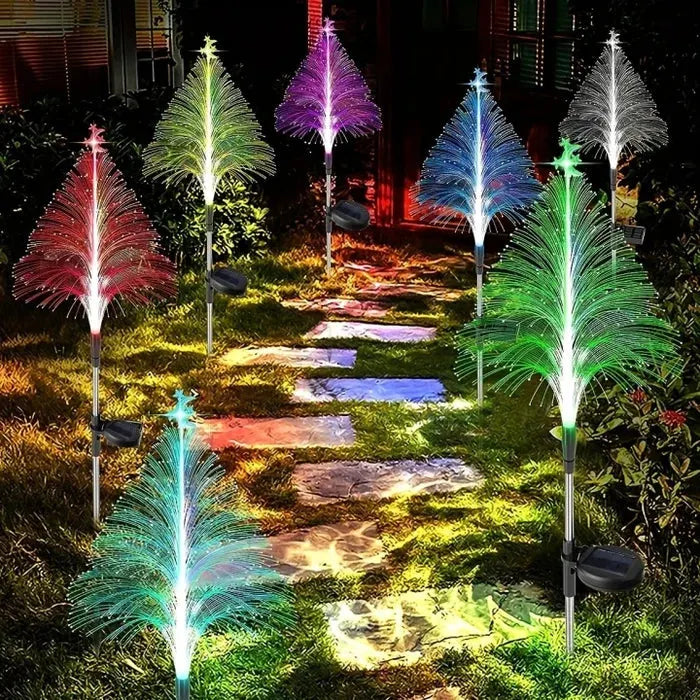 7 Color Changing Solar Christmas Tree Lights - Fiber Optic Landscape Stake Spikes | IP65 Waterproof RGB Outdoor Yard Path Lights7 Color Changing Solar Christmas Tree Lights - Fiber Optic Landscape Stake Spikes