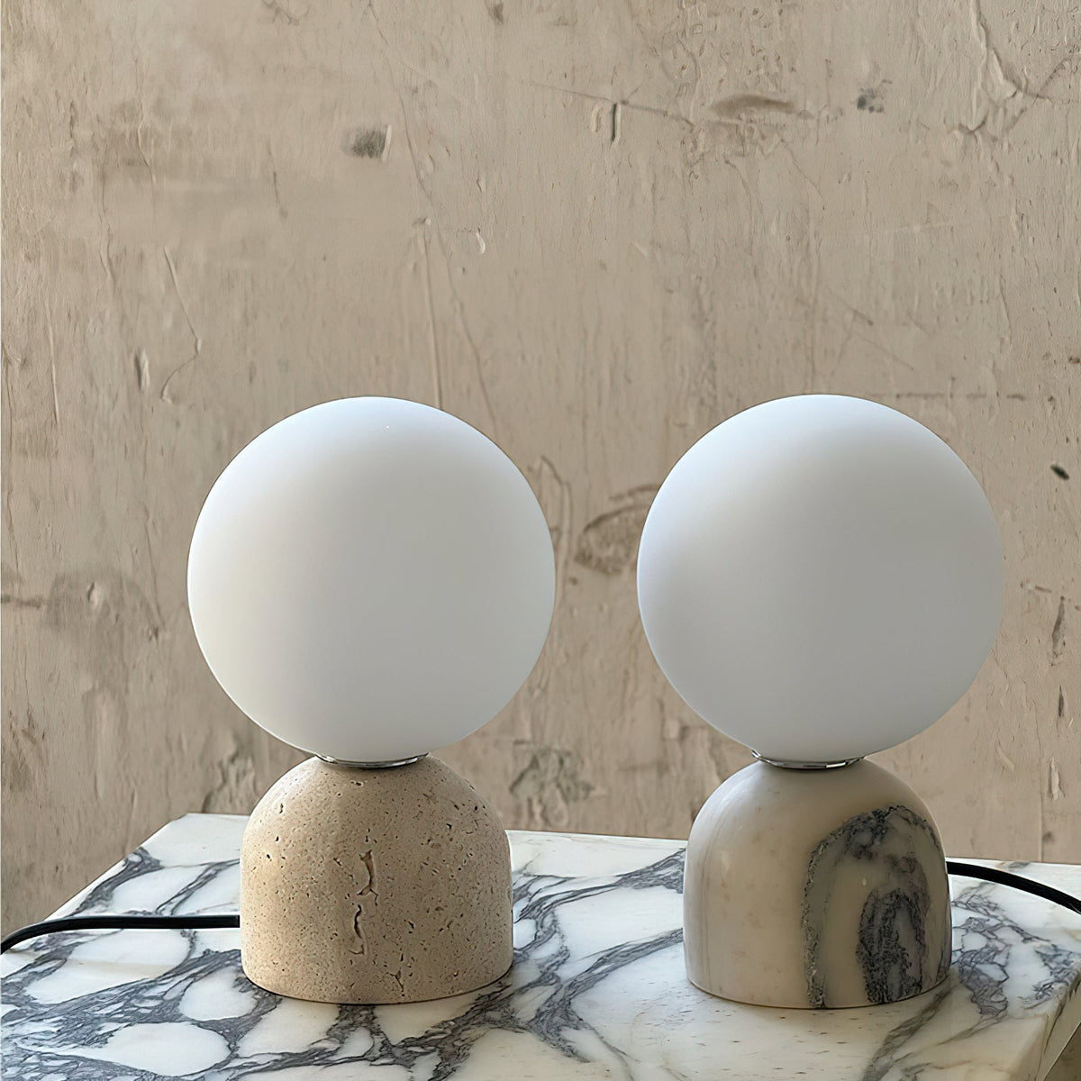 Aalia Marble Table Lamp – Spherical Natural Stone & Glass Bedside Accent Lamp