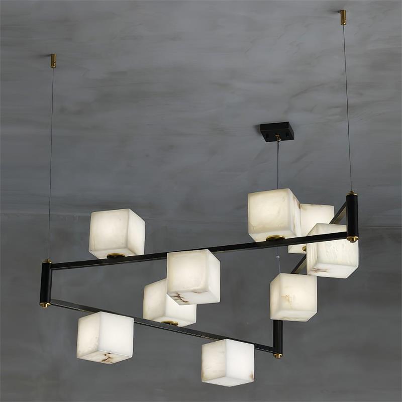 Alabaster Square Box Chandelier – Natural Snowflake Gypsum & Brass Modern Chandelier