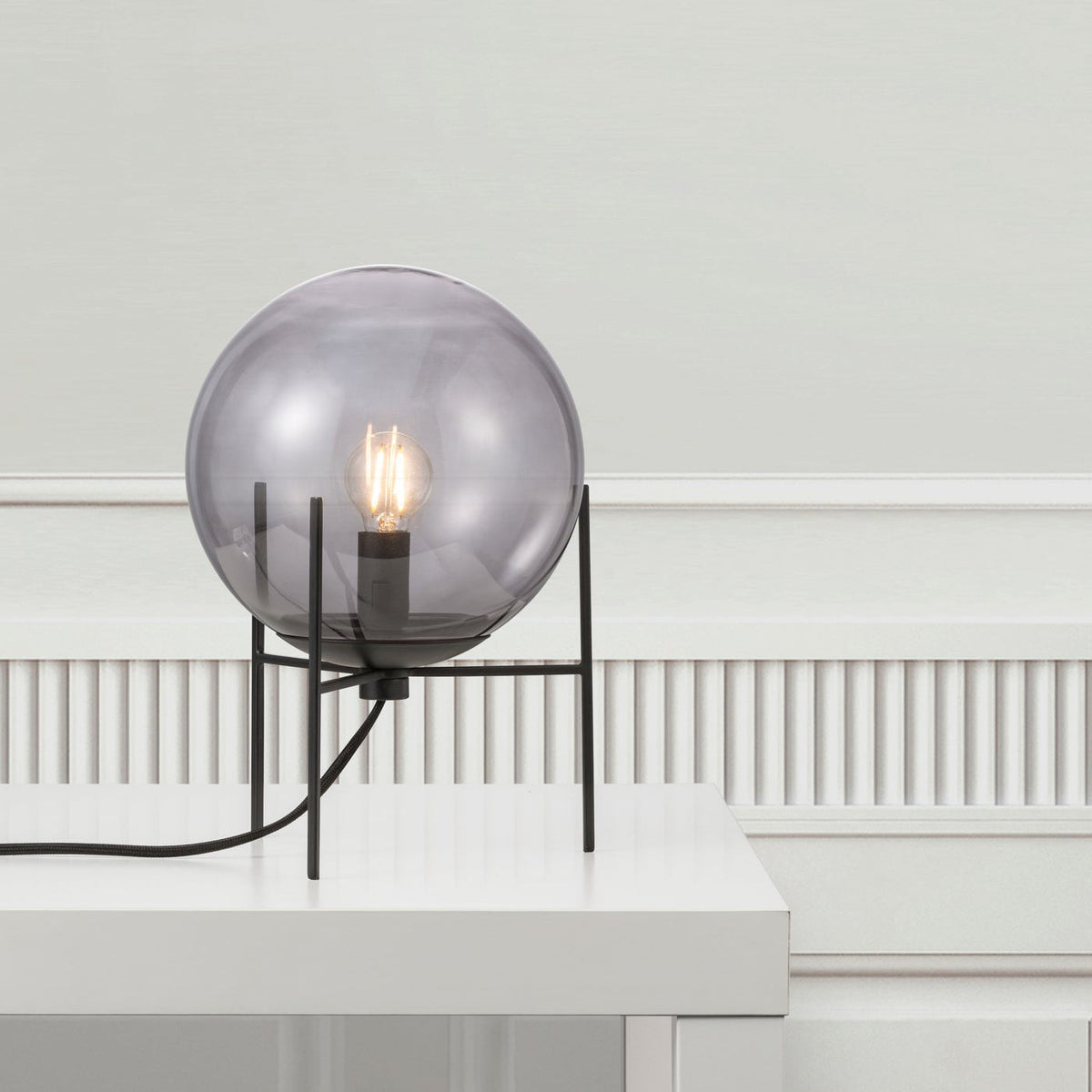 Alton Table Lamp – Smoked Glass Globe & Black Metal Modern Table Light