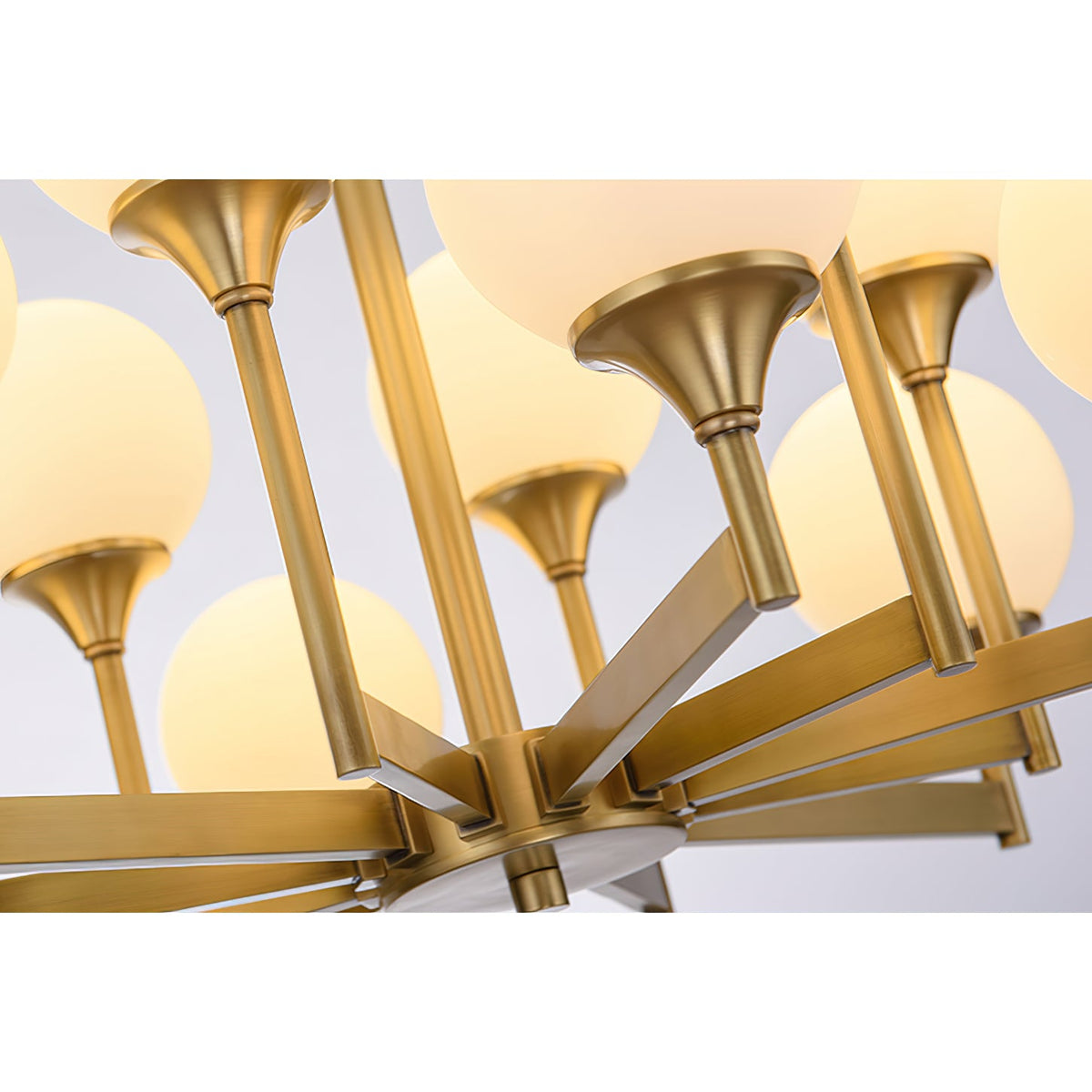 Beverly Chandelier – Retro Chic Satin Brass & Feathered White Glass Globe Chandelier