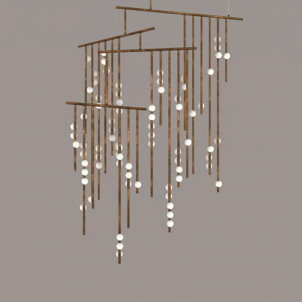 Brass Drop System Chandelier - Modern Organic Blown Glass Orb Chandelier