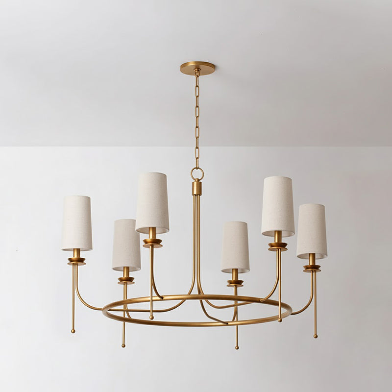 Calder Chandelier – Vintage Linework Brass Frame & Linen Shade Chandelier