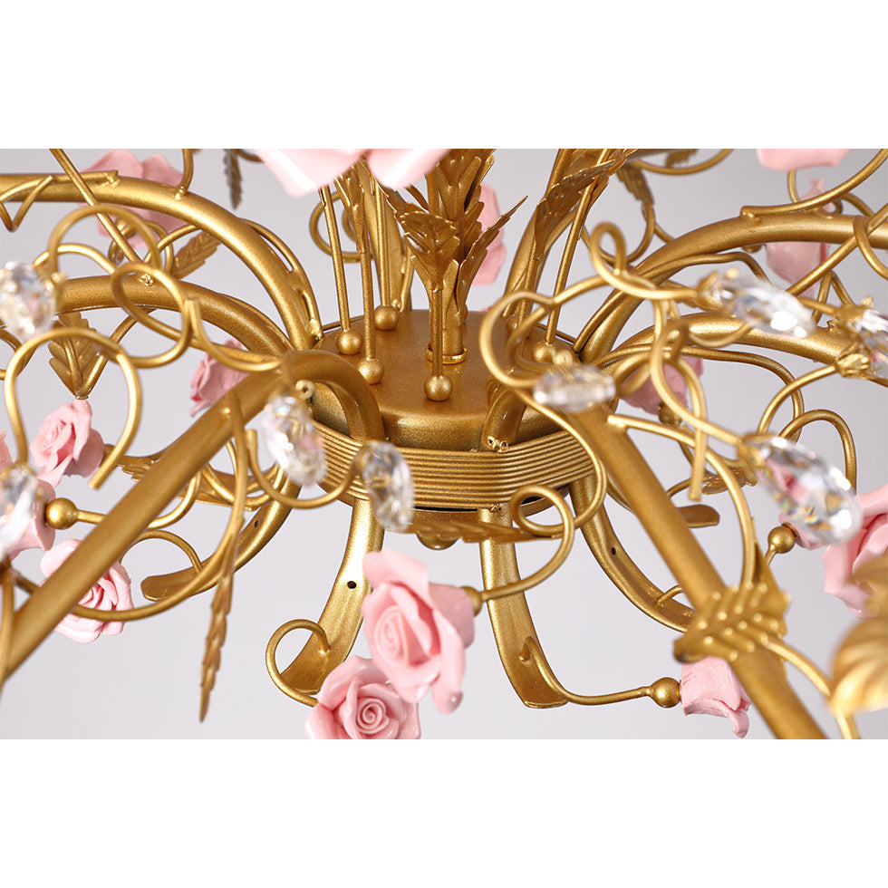 Ceramic Rose Vine Chandelier - Luxury Floral 5/6/8-Light Brass & Crystal Pendan