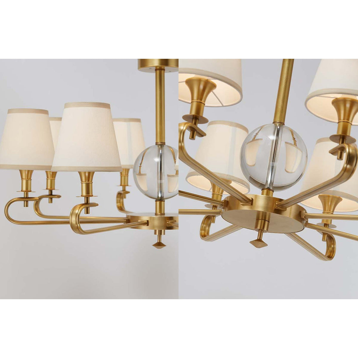 Emilea Chandelier – Classic Brass Multi-Arm Light with Crystal Accents & Fabric Shades