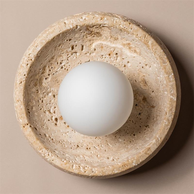 Faro Travertine Wall Lamp - Natural Beige Travertine & Opal Glass Wall Sconce