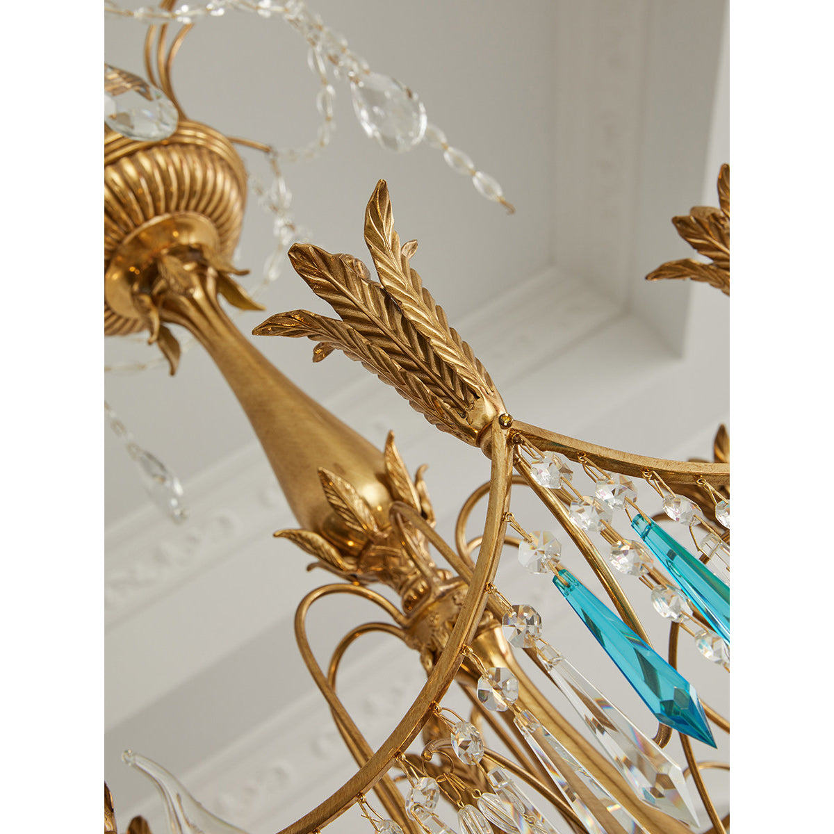 Genovese Crystal Chandelier - Tiered Brass & Faceted Clear & Blue Crystal Light