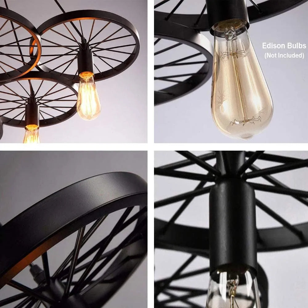 Industrial Wagon Wheel Steampunk Pendant Light - 30cm Antique Bronze Iron & Exposed Edison Bulb Pendant