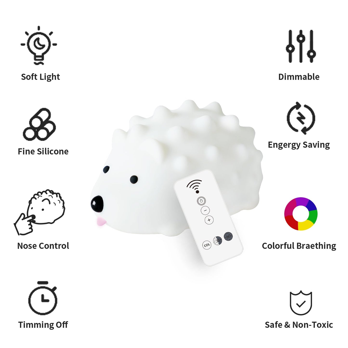 Hedgehog Timing Night Light - Dimmable Silicone Kids Lamp with Built-in Battery