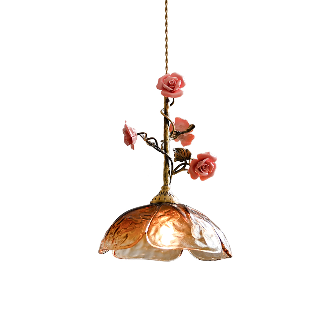 Heirloom Glass Rose Pendant Lamp - Antique Brass & Porcelain Floral Sconce