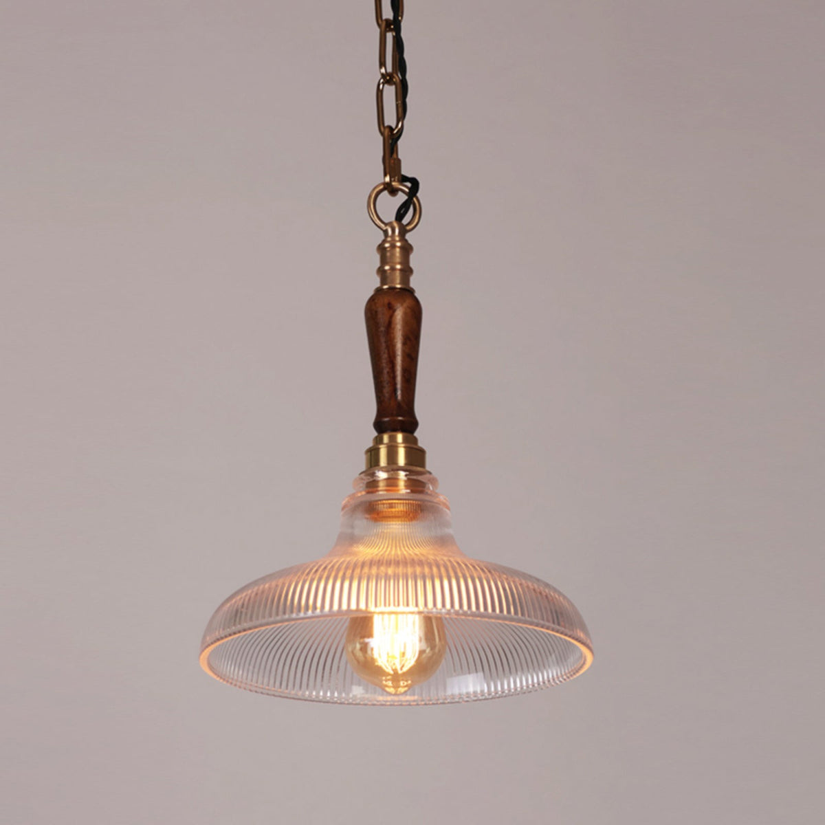 Holophane Pendant Light - Prismatic Ribbed Glass, Solid Walnut & Brass Pendant