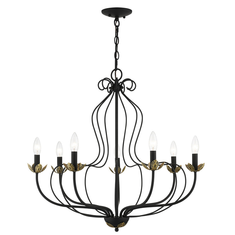 Kempton Chandelier - Modern Floral Iron Pendant | Black & Antique Brass Multi-Head Lighting
