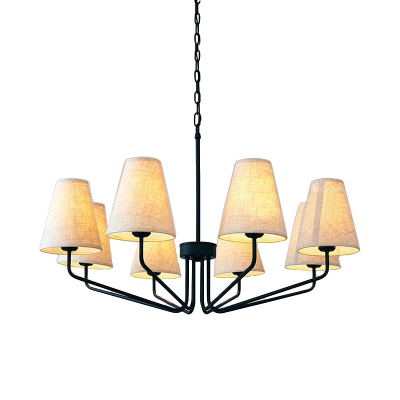 Kennedy Chandelier - Modern Curved Arm Brass Pendant | Ivory Linen Conical Shades