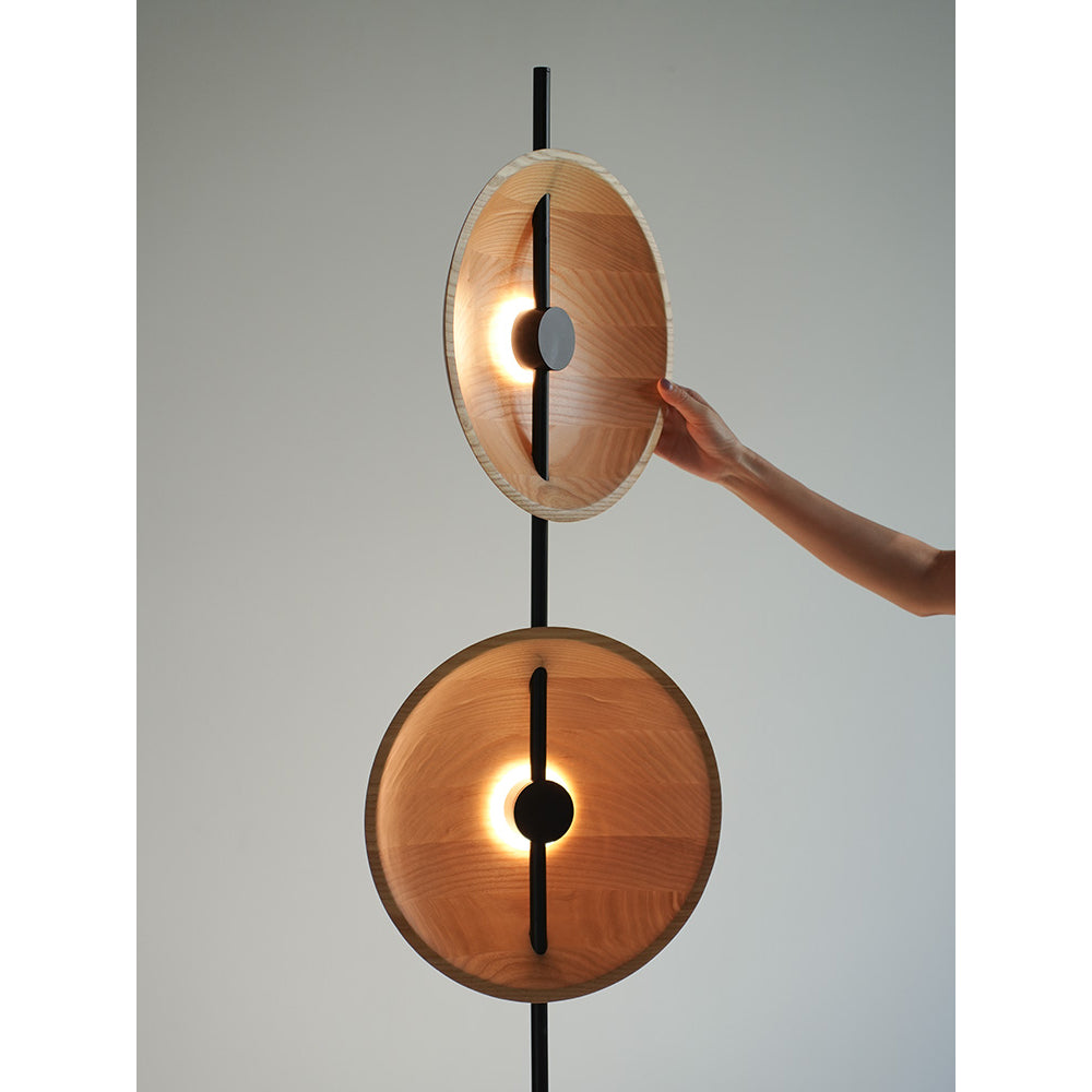 Mito Floor Lamp - Minimalist Sculptural Dual Wood Shade & Iron LED Light