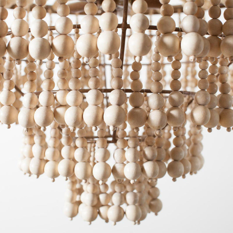 Pia Large Chandelier - Natural Wood Bead Tiered Light & Copper Frame