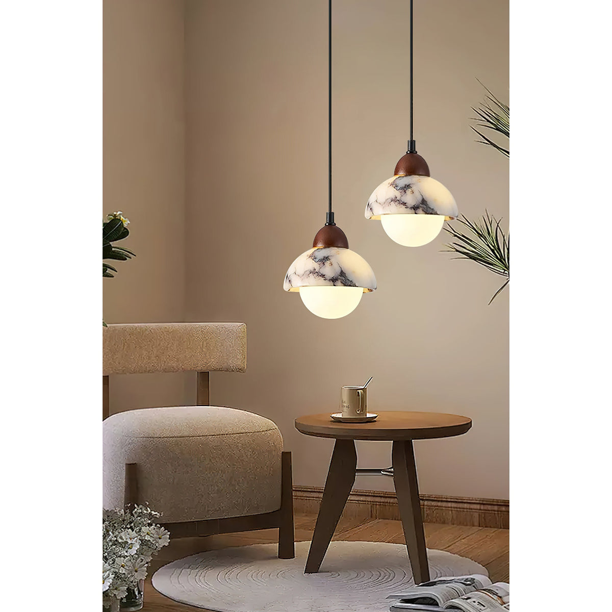 Polaris Marble Pendant Lamp - Italian Bulgari Stone & Walnut Glass Light