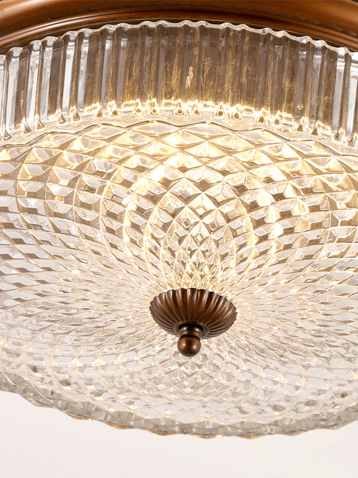 Retro Flush Ceiling Lamp - Crystal Glass Dome & Wood Grain Finish