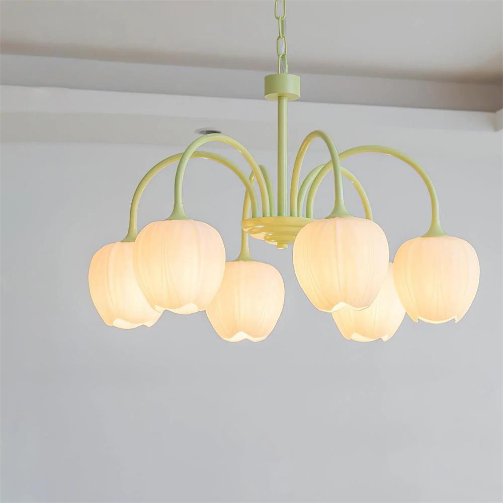 Tulip Matcha Chandelier - Fresh Matcha Green & Creamy White Glass Pendant | Modern Spring Floral Chandelier