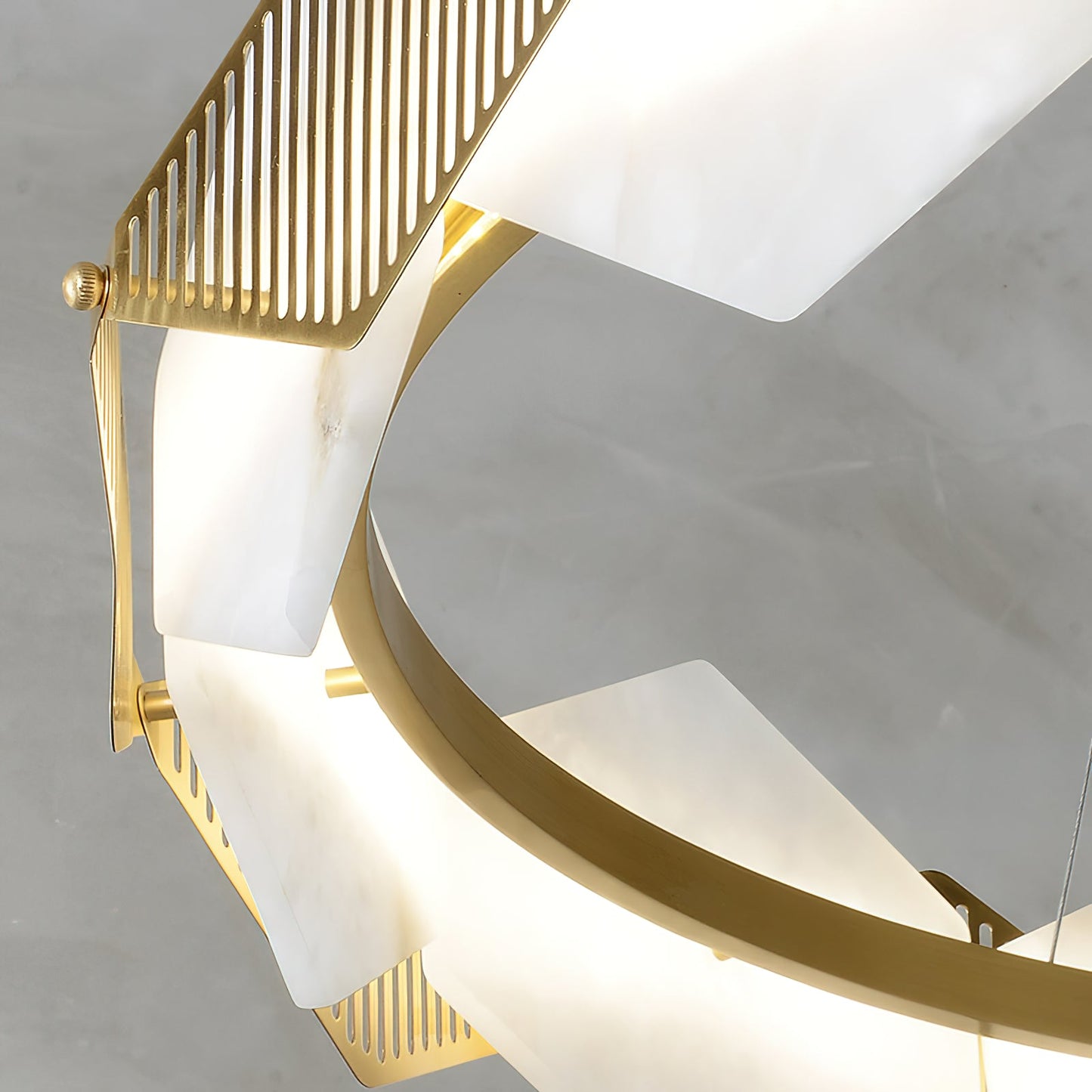 Rote LED Alabaster Chandelier - Geometric Brass & Natural Stone Pendant | Modern Architectural Centerpiece