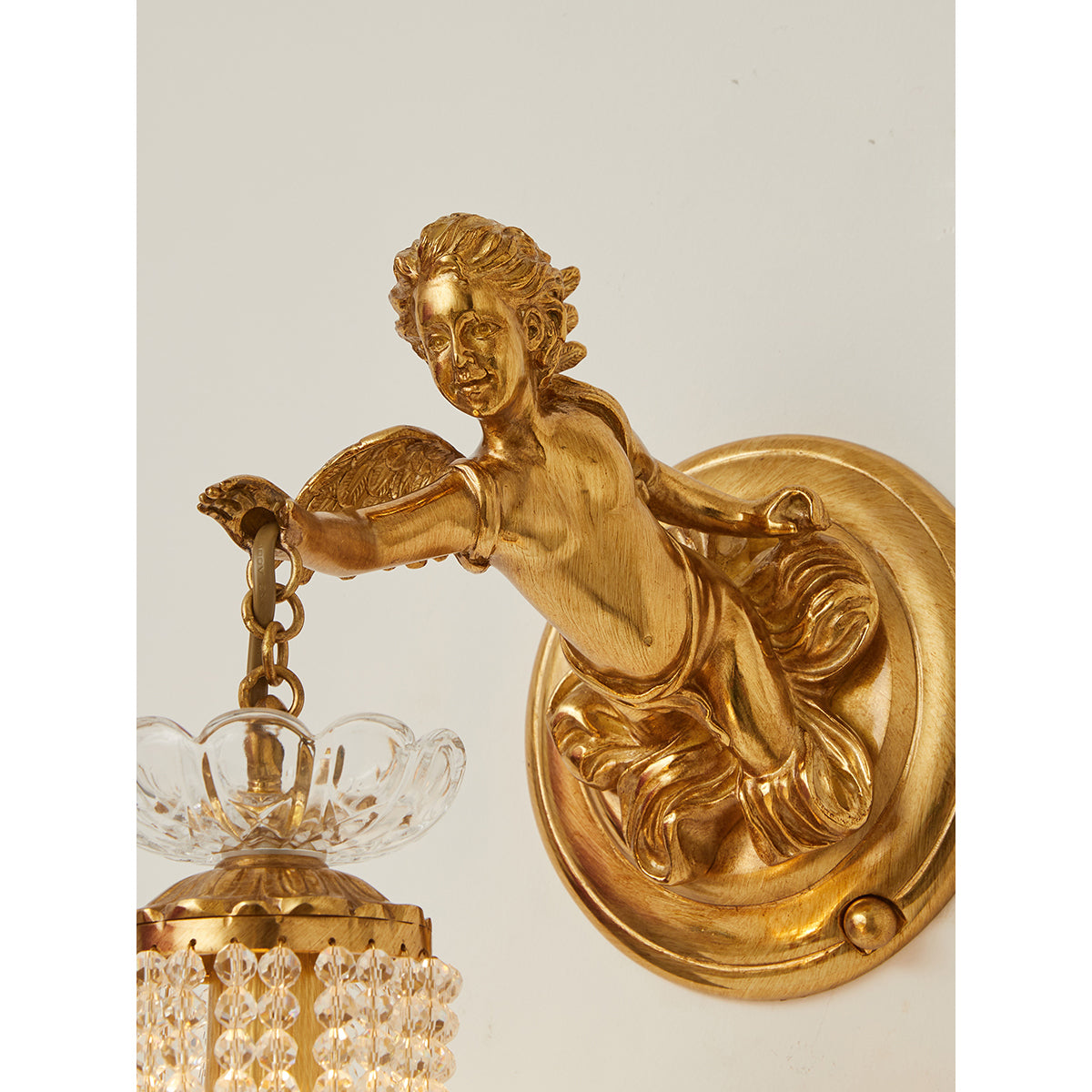 Sabrina Angelic Wall Lamp - Cherub Brass Sconce with Hanging Crystals | Classical Artistry Wall Light