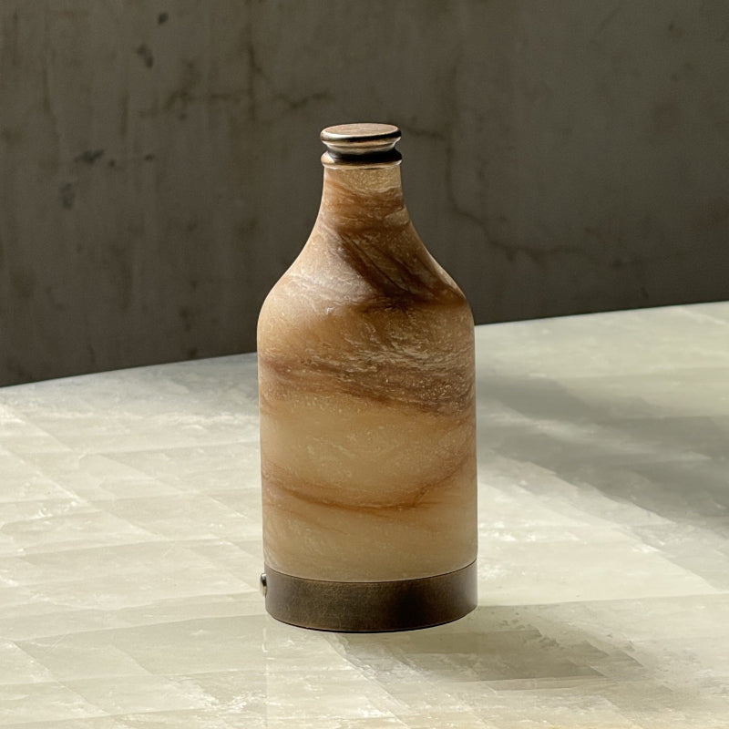 Wine Bottle Alabaster Table Lamp - Rechargeable Cordless LED Light | Luxury Natural Stone Bedside Lamp | USB Charging Base
