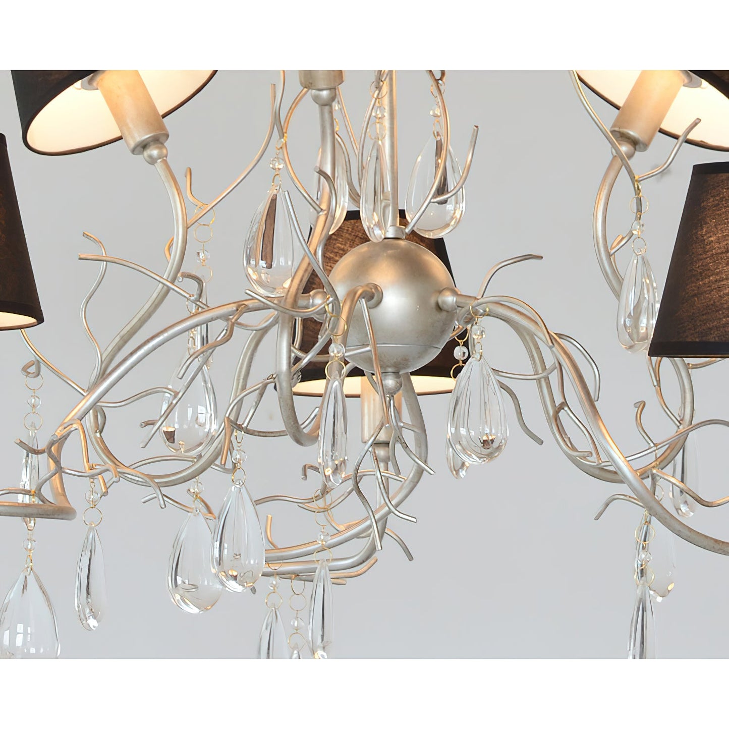 Tendril Chandelier - Handcrafted Brass & Crystal 6-Light Chandelier | Antique Fabric Shade Pendant