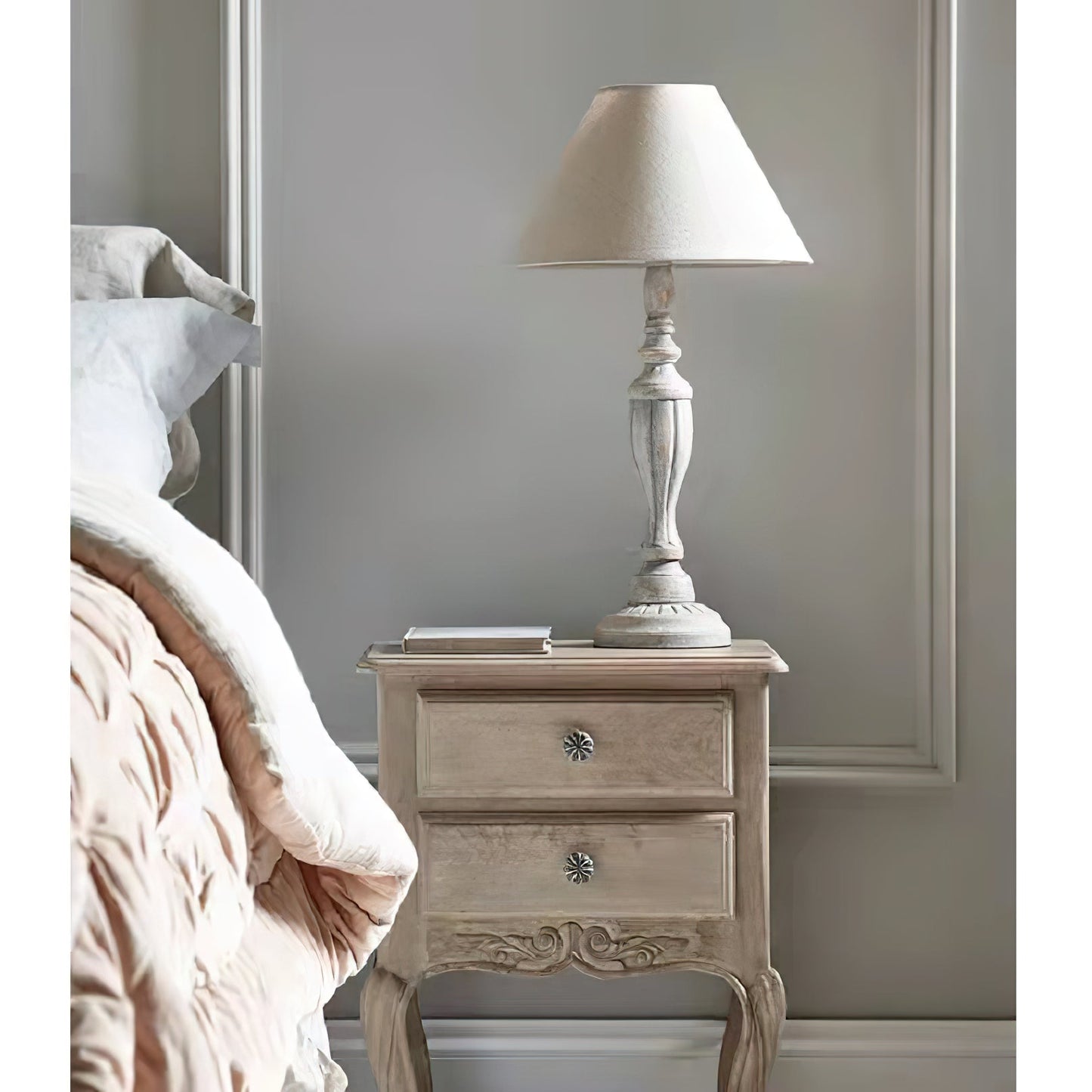 Teos Table Lamp - Spindle Carved Wood Table Light | Modern Farmhouse Linen Shade Accent Lamp