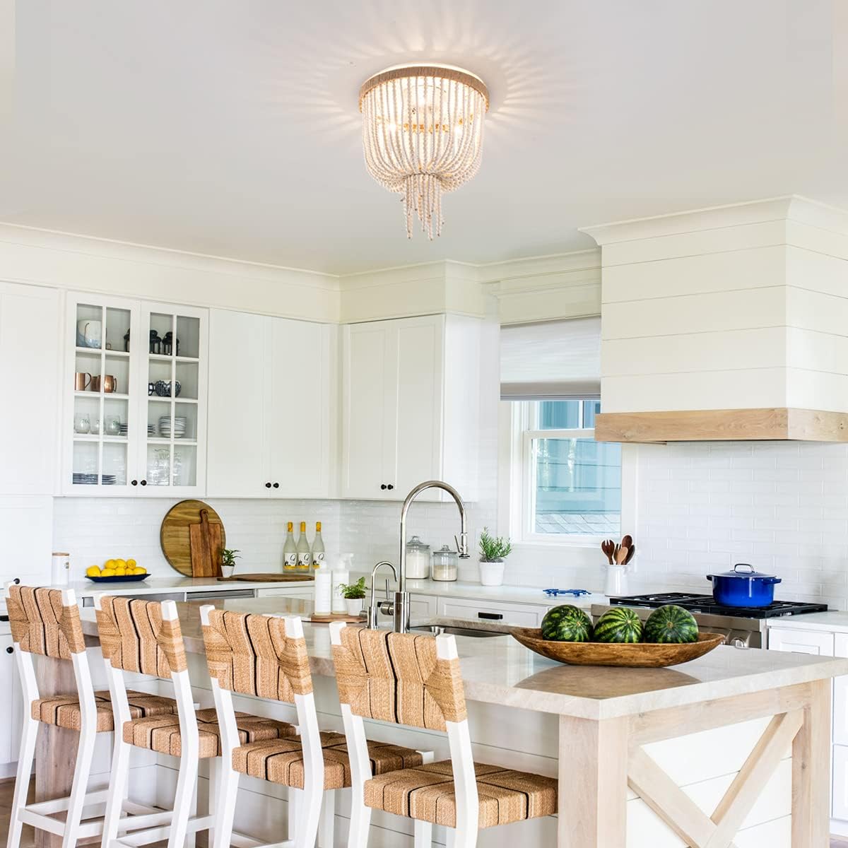 Angie Beaded Ceiling Lamp – Hemp-Wrapped Frame & Wooden Bead Flush Mount Pendant