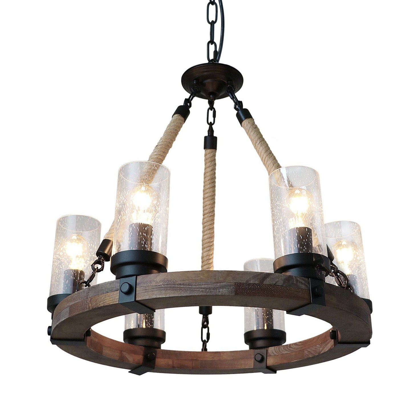 Zora Wagon Wheel Chandelier - Rustic Solid Wood & Hemp Rope Pendant | 6-Light Seeded Glass Island Light
