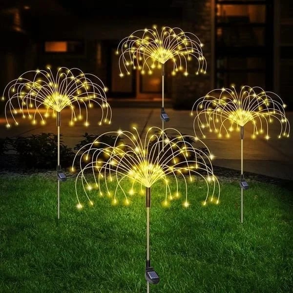 Waterproof Solar Garden Fireworks Lamp - DIY Shape Outdoor Dandelion Fairy Light | IP65 Wireless Lawn Stake | Warm White & RGB