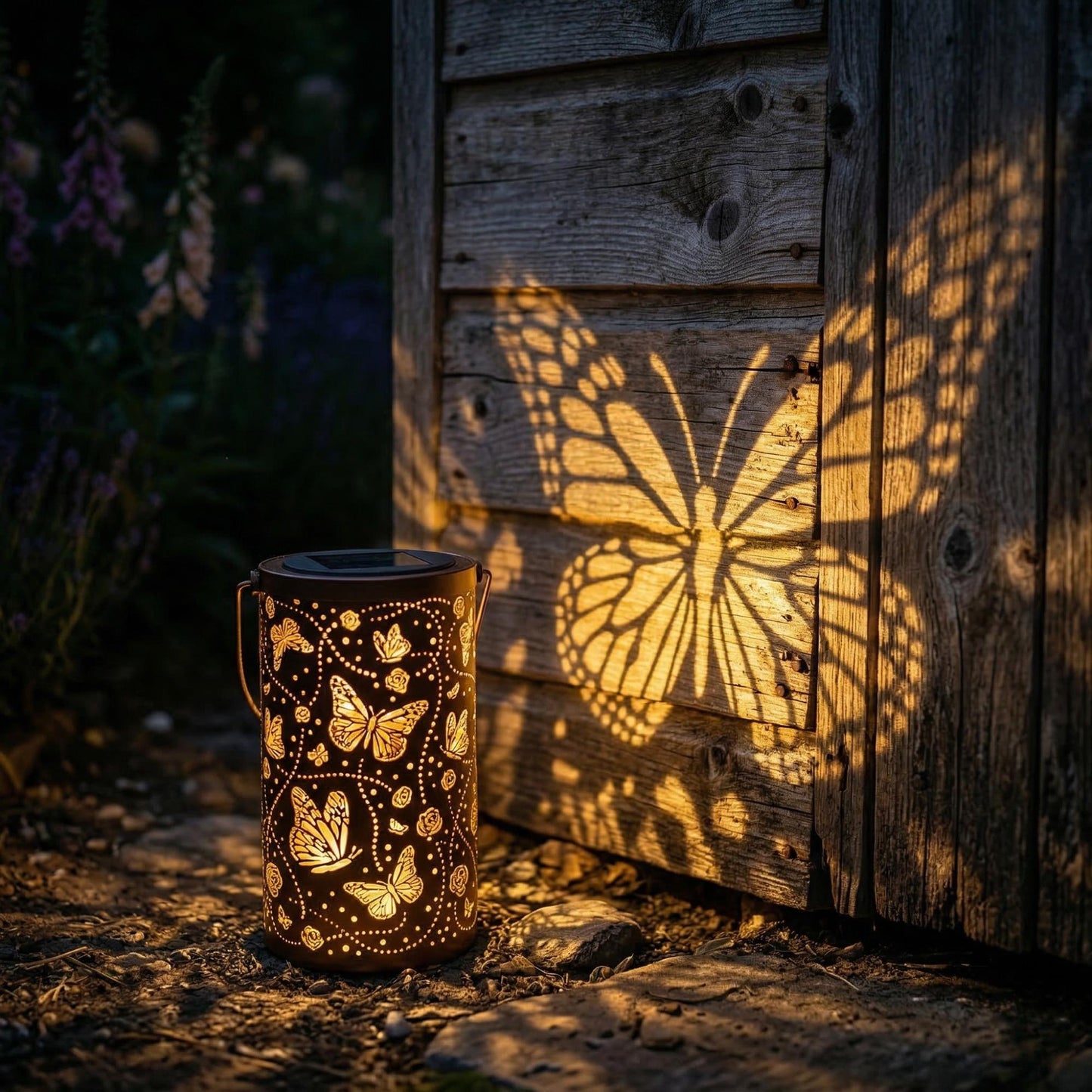 Solar Butterfly Lantern - Vintage Metal Garden Light with Butterfly & Floral Projection