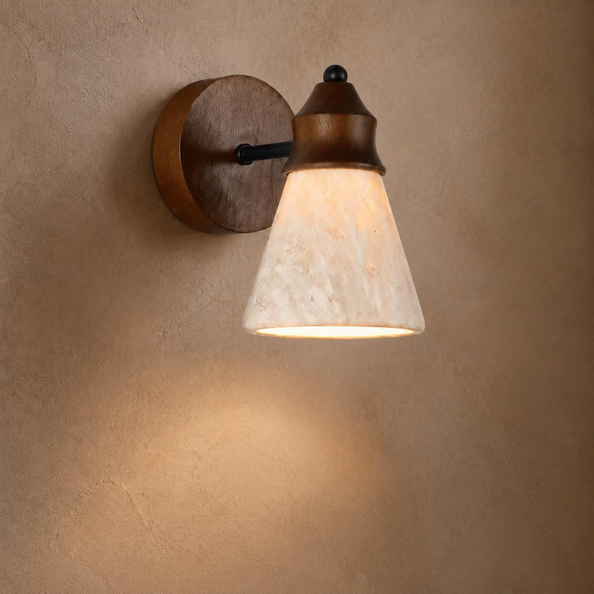 Natural Travertine Stone Wall Sconce - Conical Yellow Travertine & Wood E27 Wall Light