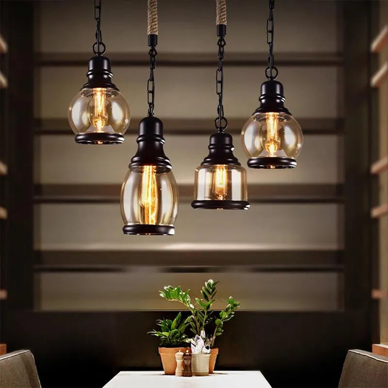 Steampunk Industrial Glass Pendant Light - Vintage Black Iron Chain & Hand-Blown Glass Pendant
