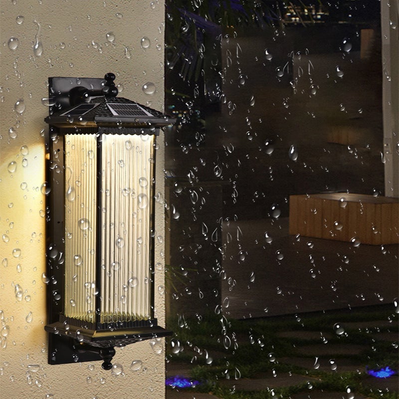 Vintage Striped Glass Solar Outdoor Wall Sconce – Retro Brown IP65 Waterproof Architectural Light