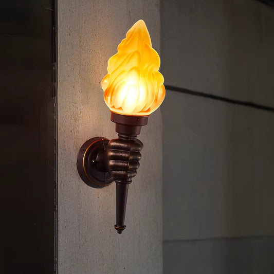 Industrial Vintage Torch Hand Outdoor Wall Sconce - IP65 Waterproof Retro Flame Lamp for Entryway & Patio