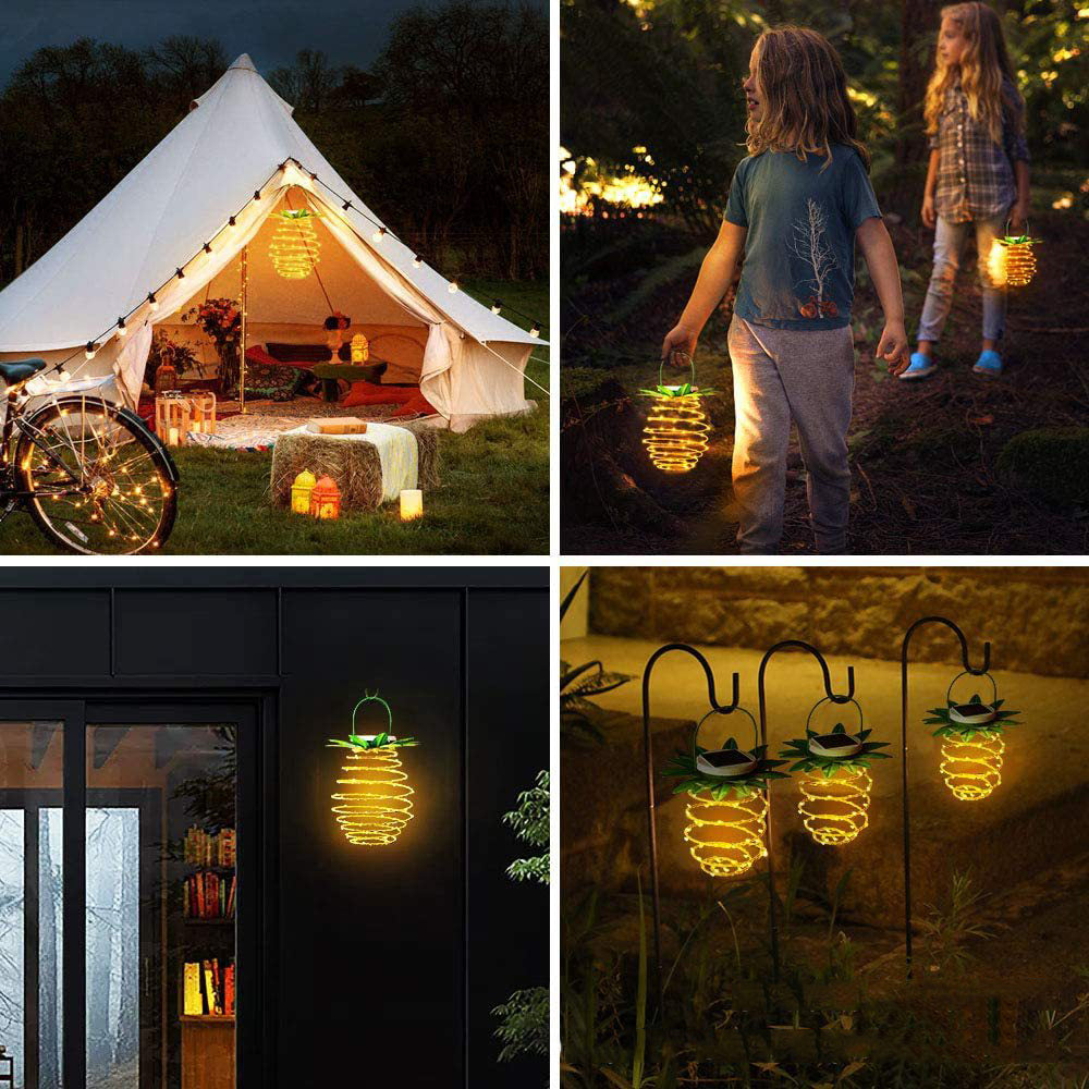 2 Pack 20 LED Solar Pineapple Lamps - Outdoor Hanging Lantern & Wall Sconce | IP65 Waterproof Warm White Fairy Lights