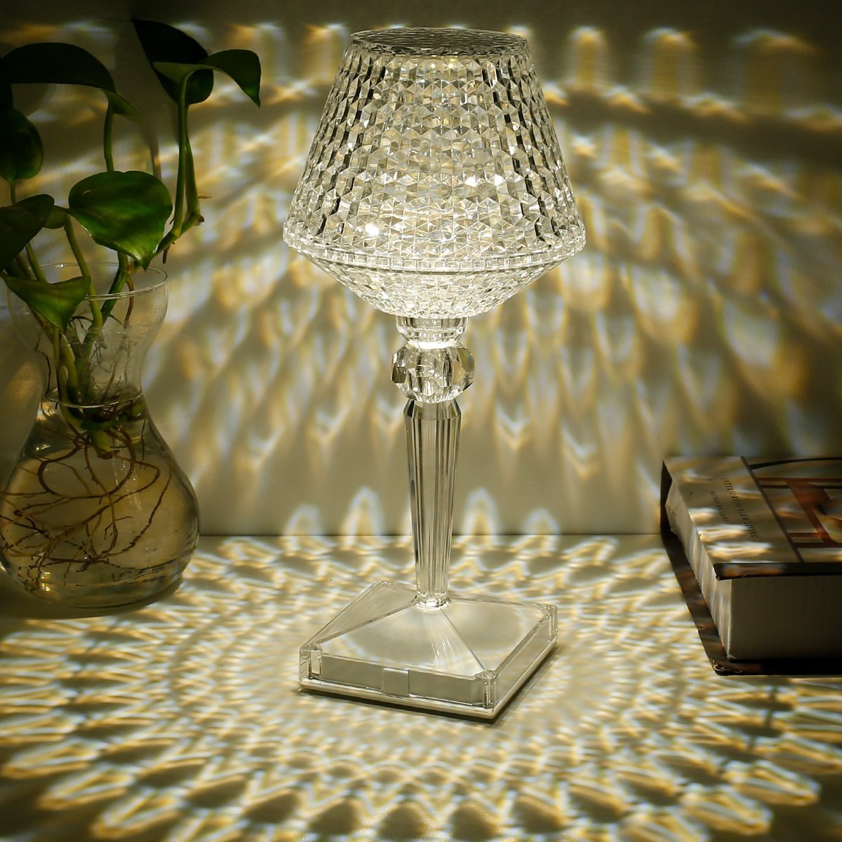 Crystal Diamond Table Lamp - Rechargeable LED Cordless Bedside Sconce | Touch Control Dimming Nightstand Light | Clear Acrylic