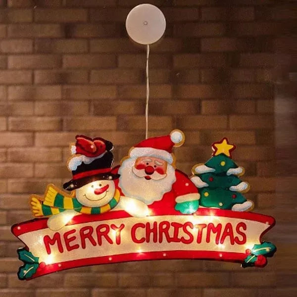 Christmas Window Hanging Lights - LED Silhouette Acrylic Battery Operated Sconce | Holiday Window Pendant Light | Santa, Reindeer & Star