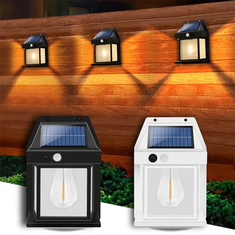 New Outdoor Solar Power Lamp - Warm Tungsten Filament Motion Sensor Sconce | IP65 Waterproof Wall Light | Black & White