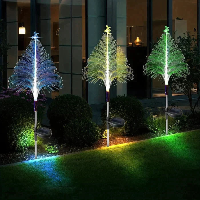 7 Color Changing Solar Christmas Tree Lights - Fiber Optic Outdoor Stake Sconce | IP65 Waterproof Holiday Garden Pathway Light
