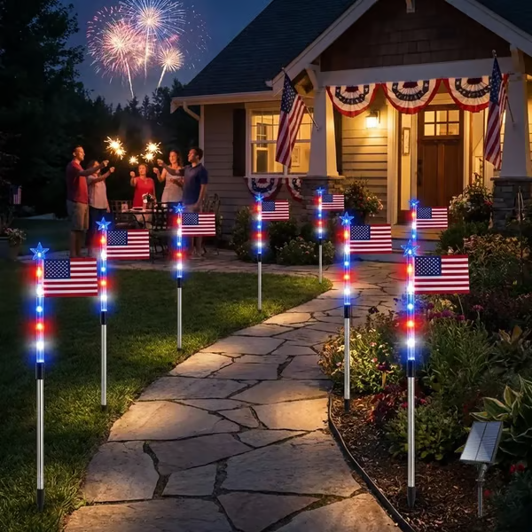 8 Solar American Flag Pathway Lights - Red White & Blue LED Yard Stake Set | IP65 Waterproof 250th Independence Day Outdoor Decor