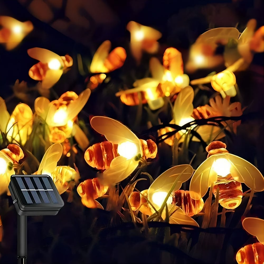 Solar LED Bee String Lights - Waterproof Honeybee Fairy Lights | 8-Mode Outdoor Accent Garland | Warm White & Colorful RGB