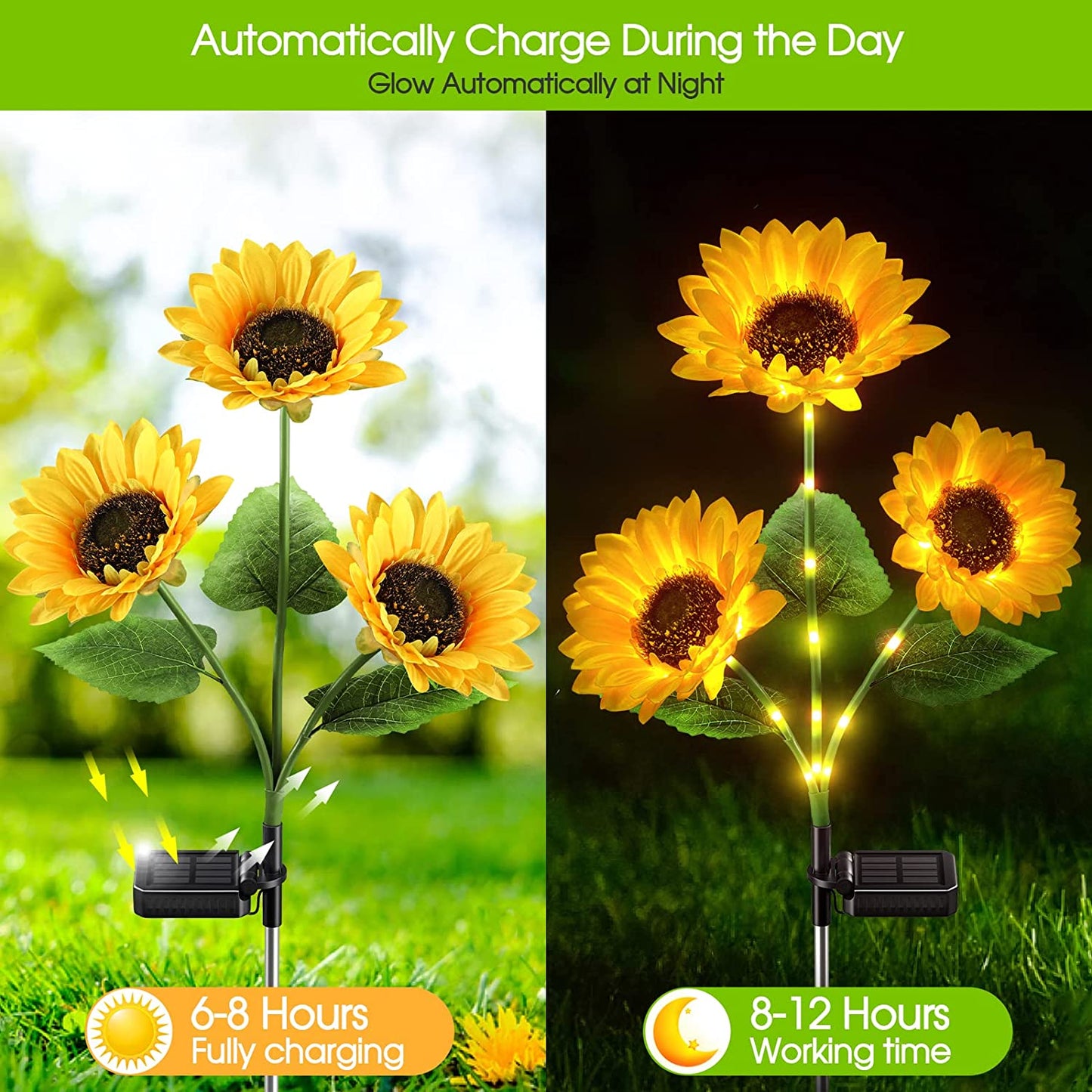 Sunflower Solar Garden Stake LED Lights - Waterproof Outdoor Flowerbed Spikes | Realistic Yellow Landscape Pathway Lights