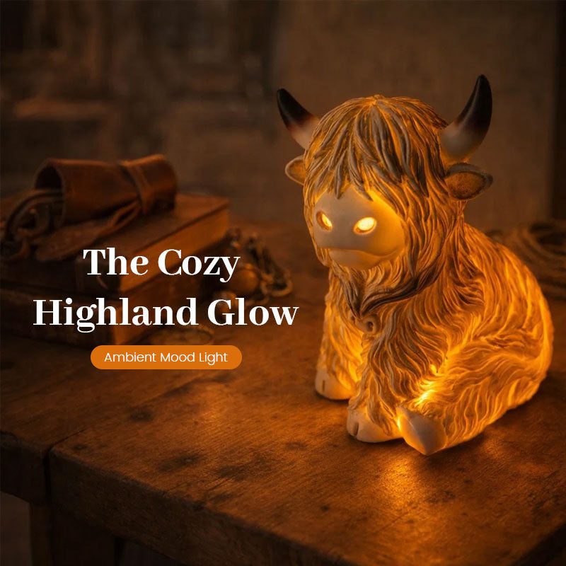 The Cozy Highland Glow Lamp - Handmade Resin Highland Cow Tabletop Light | Farmhouse Nursery Bedside Night-Light | Warm Yellow Accent Sconce