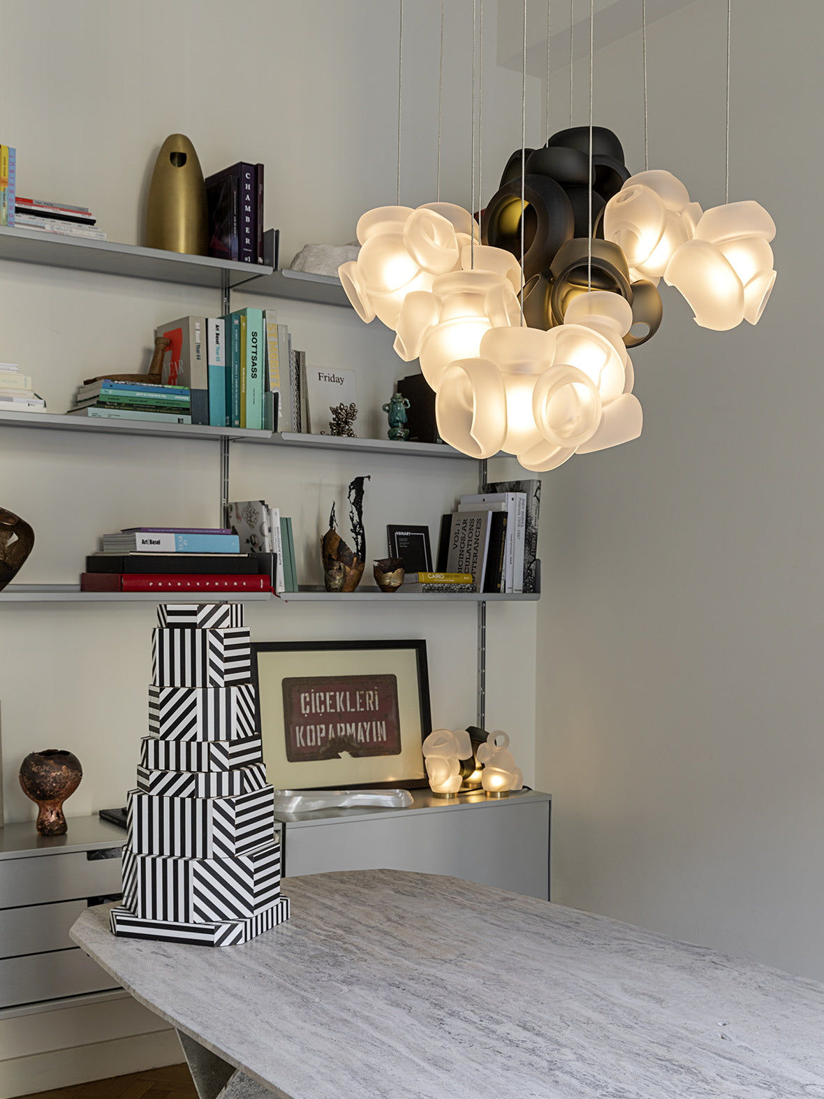 Process Glass Pendant Light - Modern Hand-Blown Opal Glass & Basket Shade