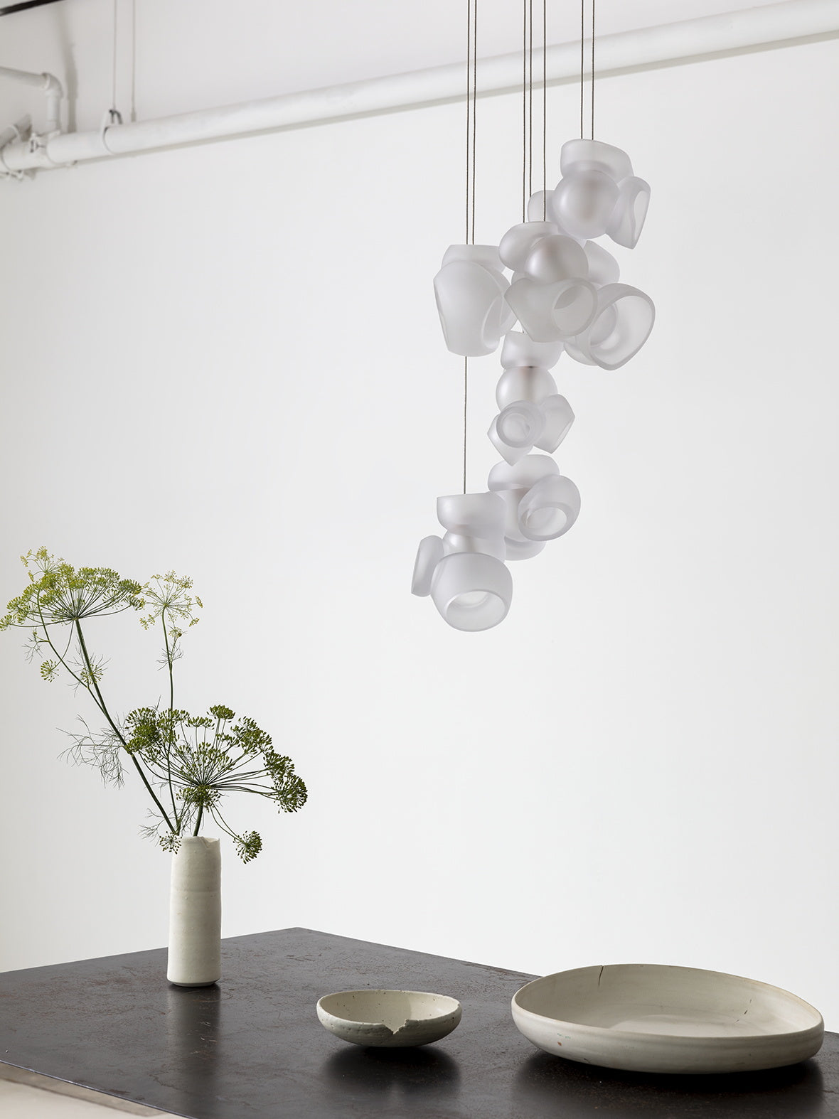 Process Glass Pendant Light - Modern Hand-Blown Opal Glass & Basket Shade
